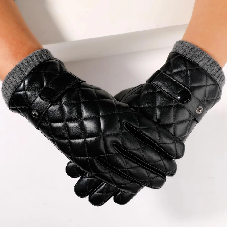 Fashion Short Plush Lined PU Touchscreen Warm Winter Men Leather Gloves