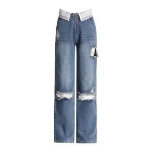 Fashionable personalized lace stitching straight-leg pants 2024 spring and summer new trendy style ripped design jeans for women