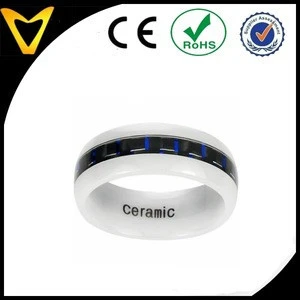 Free Logo Engraved White Domed Mens Ceramic Blue and Black Carbon Fiber Inlay Ring