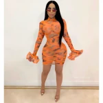 Free Sample K9595 Night Club Butterfly Printing Casual Dresses 2021 Net See-Through Cross-Border Fashion Long Sleeve Bodycon Dress