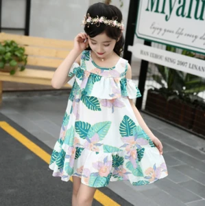Girls dresses summer new 2018 big child Korean version of the word flower shoulder