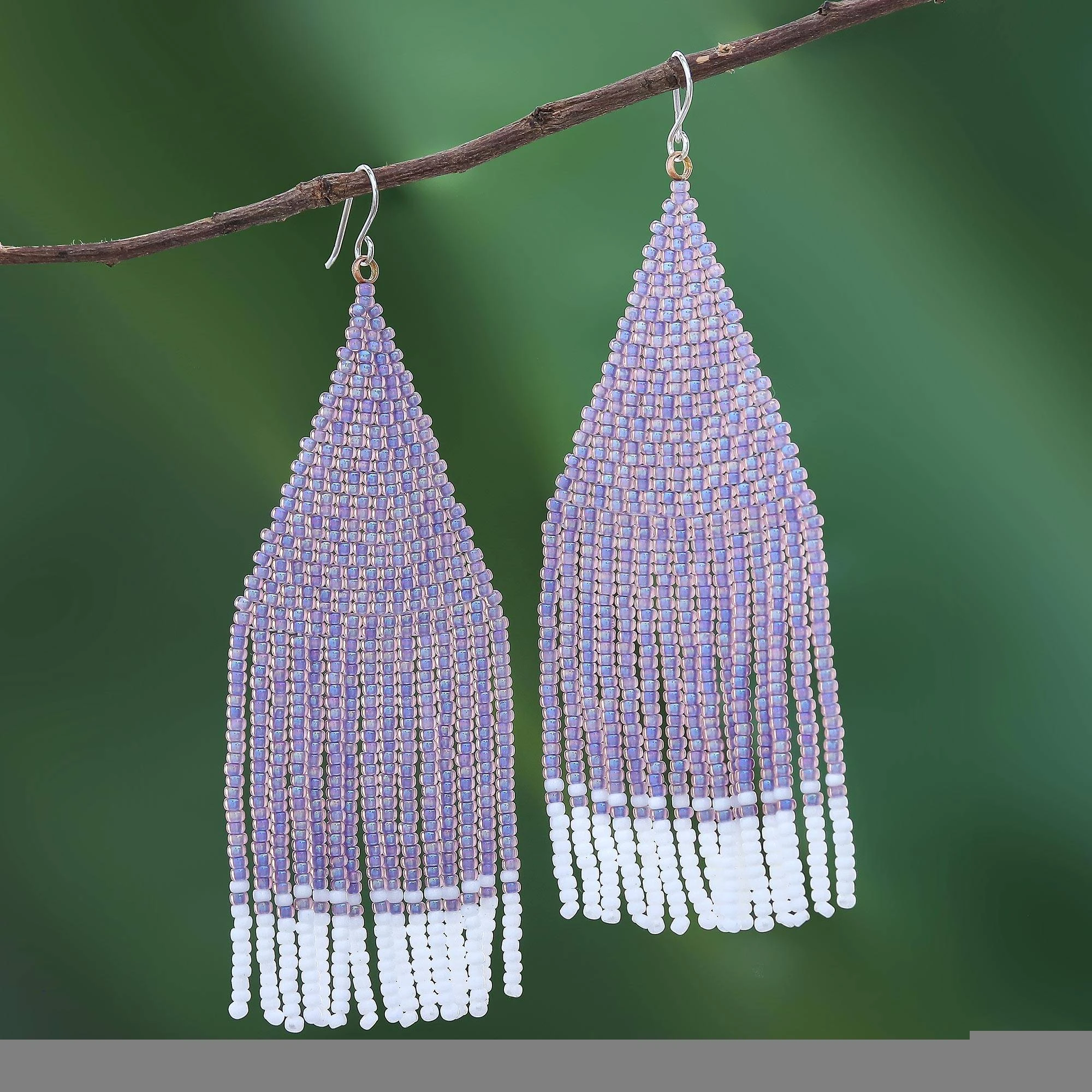 Glass Beaded Waterfall Earrings - Lavender and White Glass Beads Earrings - Handmade Boho Jewelry