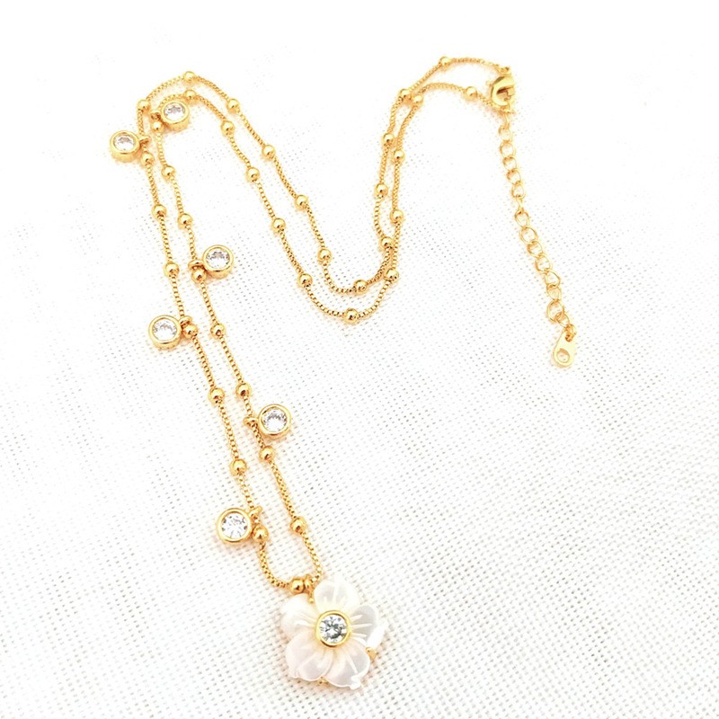 gold plated jewelry bezel cz zirconia drop mother of pearl shell flower fashion women necklace