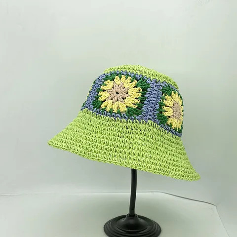 Hot selling crochet flower hat spring green outdoor straw hat summer breathable women bucket hat
