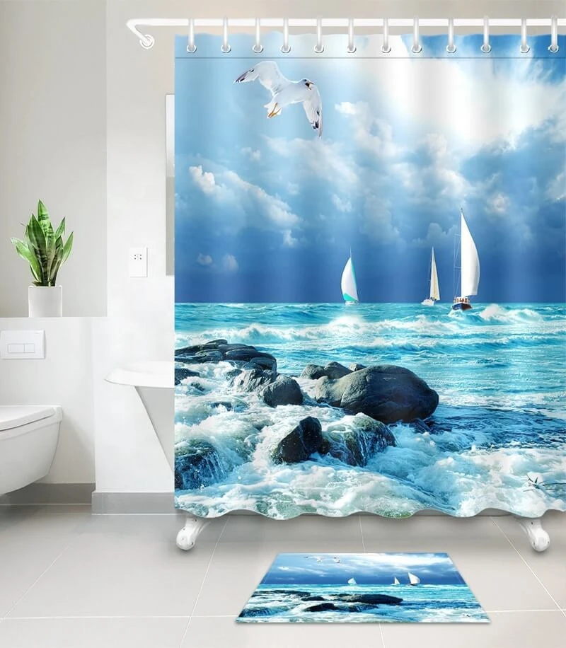 i@home Sea seagull sailboat 3d digital print waterproof polyester shower curtain bathroom