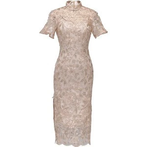 JINYE Champagne Short Sleeves Sequined Lace Midi  Party Prom Formal Dress
