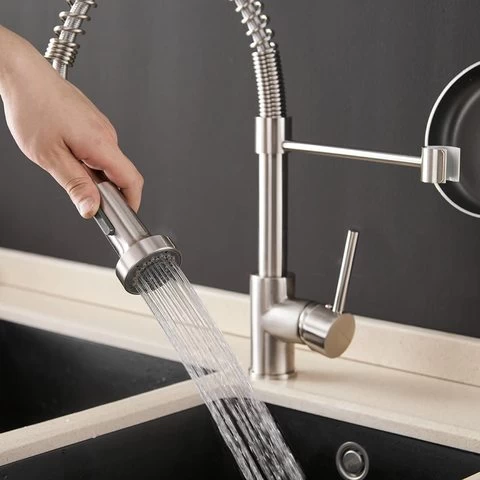 Kitchen Faucets Commercial Single Handle Single Lever Pull Down Sprayer Spring Kitchen Sink Faucet Brushed Nickel