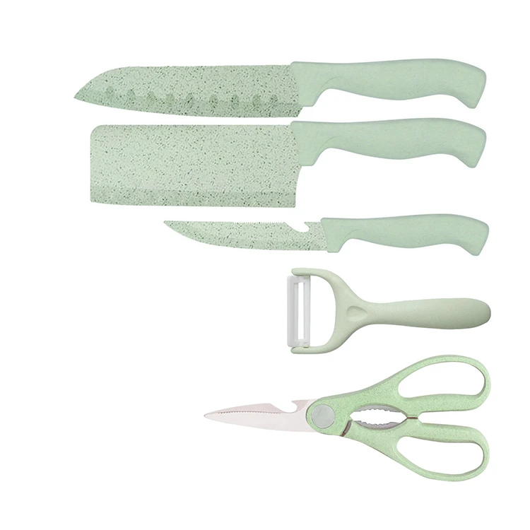 Kitchen Knife Set of 5 Wheat Straw Stainless Steel Kitchen Knife Set With Scissors and Ceramic Peeler