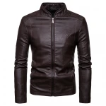 Mens leather jacket PU leather motorcycle youth business double-breasted suit collar long sleeve mid-length leather jacket