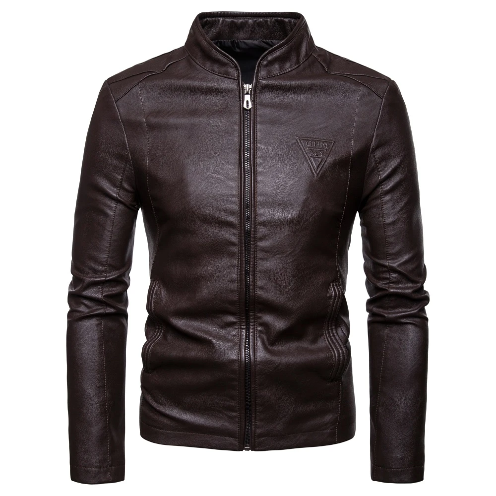 Mens leather jacket PU leather motorcycle youth business double-breasted suit collar long sleeve mid-length leather jacket
