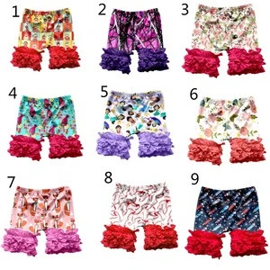 MY-008 New designs princess cartoon &amp; floral print baby ruffle shorts wholesale icing ruffle shorts Boutique toddler girls