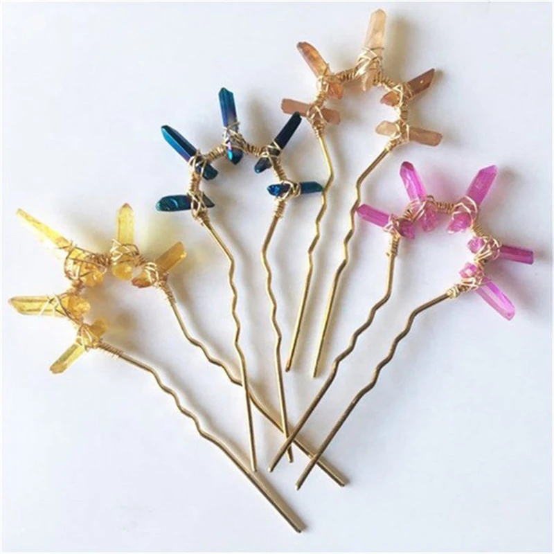 Natural Colorful Quartz Crystal Hairpin U-shape Metal Hair Fork Stick Fairy Bridal Mermaid Wedding Pastel Goth Jewelry