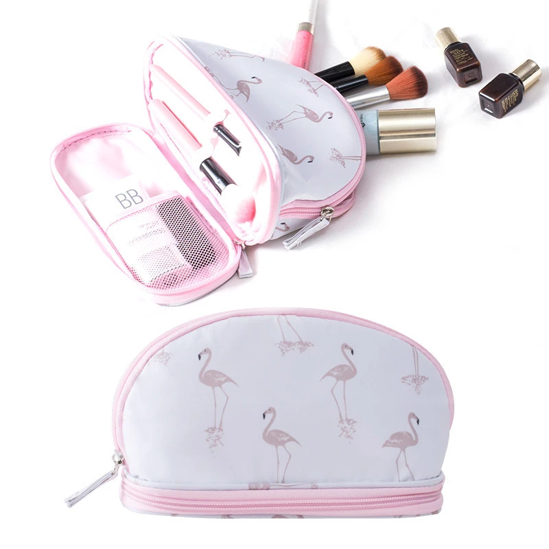 New Double Layer Flamingo Small Purse Zipper Handy Portable Travel Storage Pouch Case Makeup Bag Shell Cosmetic Bag