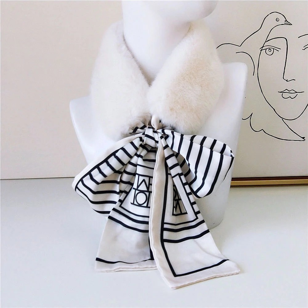 New Elegant Winter Warm Faux Rabbit Fur Collar Scarf Shawl Wrap Women Black Long Skinny Twill Silk Headband Scarfs for Hair