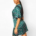 New Fashion Satin Polka Dot Flare Sleeve Cut Out  Curved Seam Midi  Dress  Women