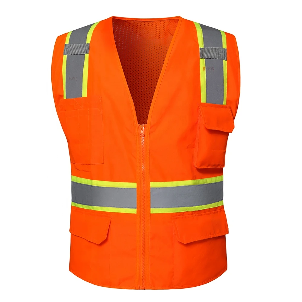 Orange Surveyors Security Guard Customised Logo Heavy Duty Reflective Safety Vest with Pockets High Visibility 100% Polyester