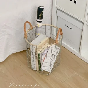 OWNSWING Woven Basket Iron Wire Storage Basket Sundries Storage Basket Bedroom Organizer