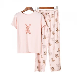 Pijamas Pyjama Piyama OEM ODM Cute Rabbit Womens Sleepwear O-neck shirts Long Pants Loungewear Set 2 pcs Modal Pajamas