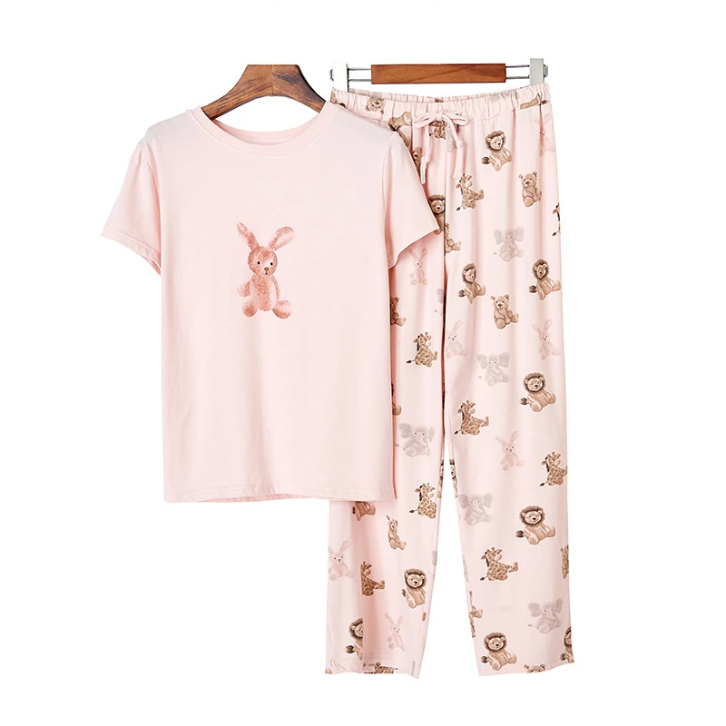 Pijamas Pyjama Piyama OEM ODM Cute Rabbit Womens Sleepwear O-neck shirts Long Pants Loungewear Set 2 pcs Modal Pajamas