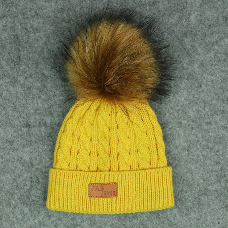 promotional kids winter raccoon fur pom knitted hat babies beanie hat knitted