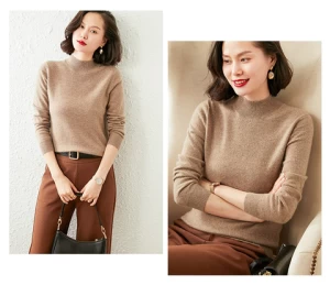 100% pure cashmere ladies sweater winter high neck knit cashmere sweater
