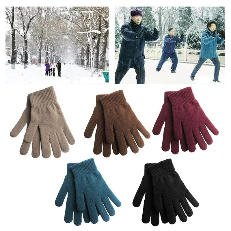 QY Unisex Winter Ribbed Knitted Full Fingered Gloves Basic Thicken Plush Lining Mittens Magic Thermal Wrist Warmer Gloves