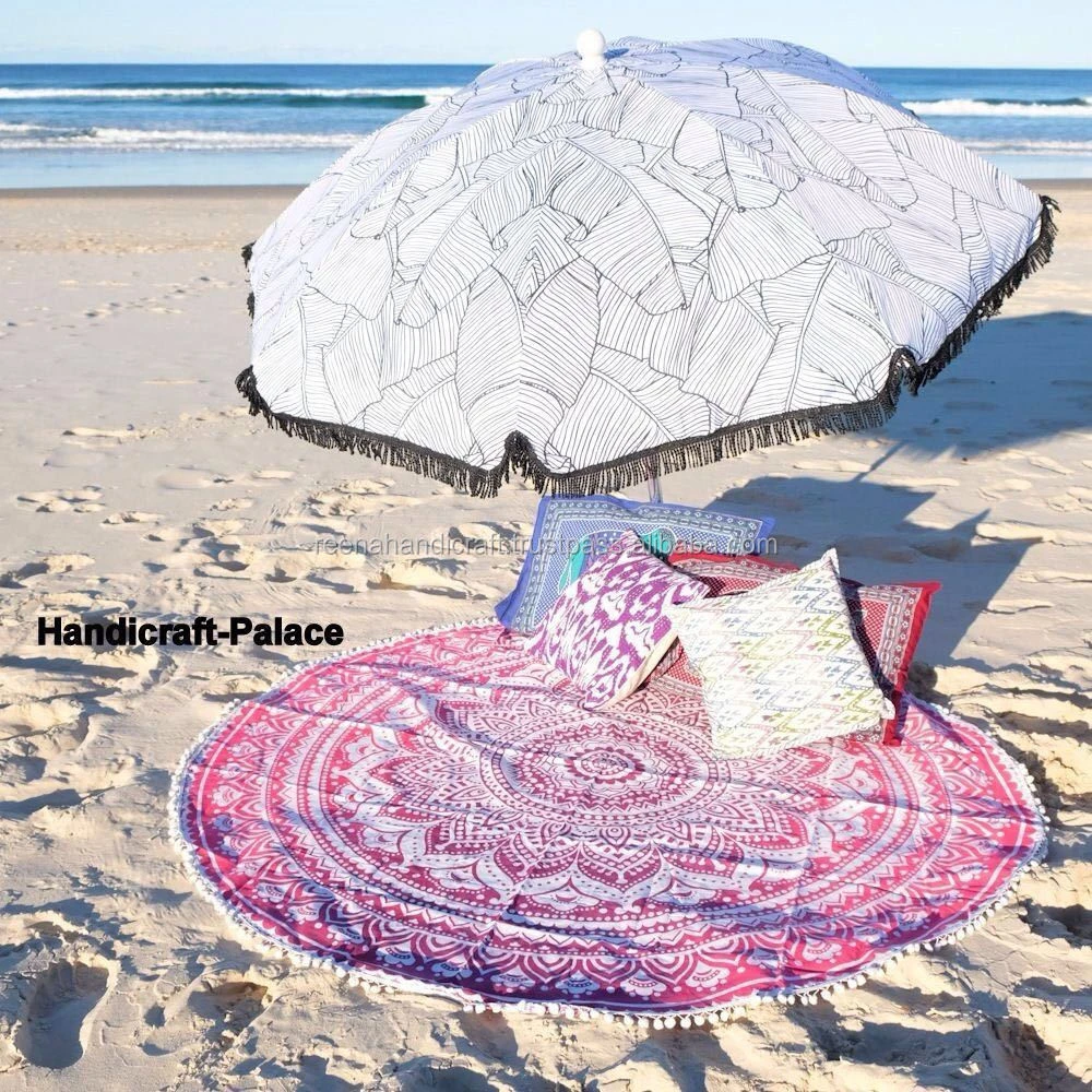 Reena Blue Pink Mandala Yoga Mat Round Tapestry Beach Throw With Fringes