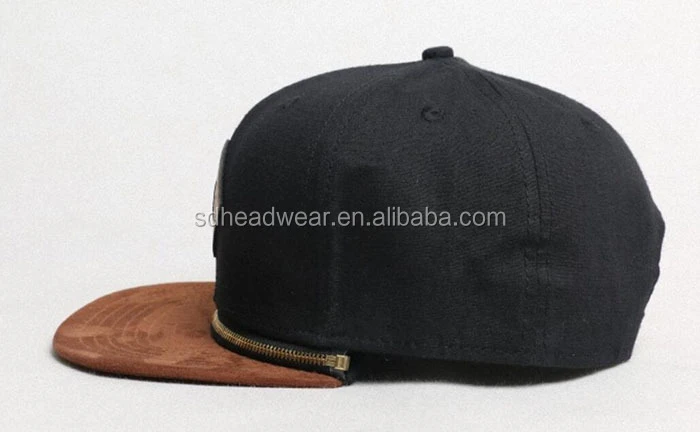 Removable crown leather patch custom suede brim snapback hat with zipper