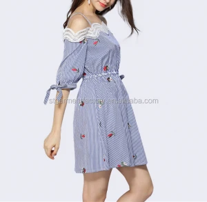 Sexy Graceful Beauty Women Summer Dress Cotton Blue Striped Embroidery Skirt Off Shoulder Women Clothes STb-0908