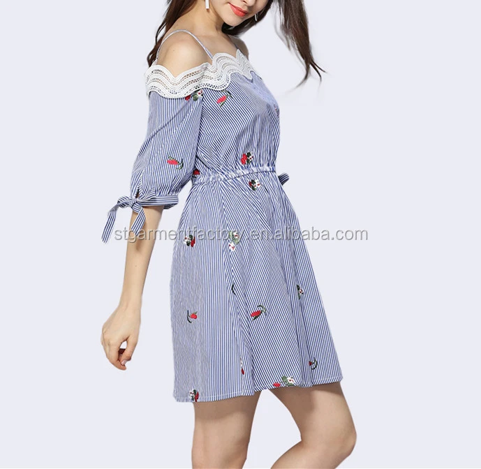 Sexy Graceful Beauty Women Summer Dress Cotton Blue Striped Embroidery Skirt Off Shoulder Women Clothes STb-0908