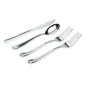 Silver Plastic Cutlery Set - Knives, Forks and Spoons - Heavy Duty Disposable Flatware and Silverware for Weddings