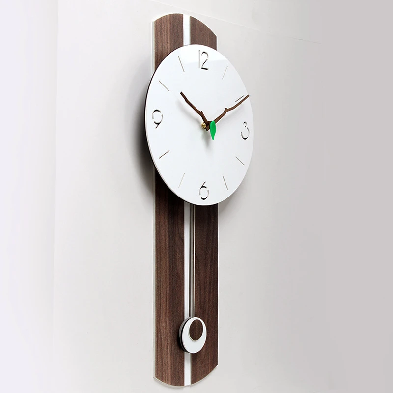 Simple personality white clock plate acrylic wood leaf pointer creative home swing wall clock