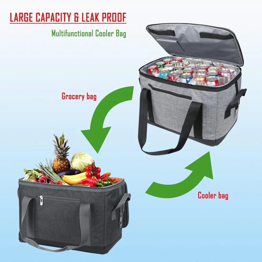 Soft Cooler Bag with Hard Liner 40-Can Large Reusable Grocery Bags Soft Sided Collapsible Travel Cooler