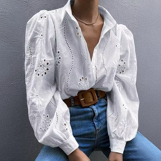 Womens Casual Loose Blouse Skeleton Bubble Sleeve Cardigan Top Blouse