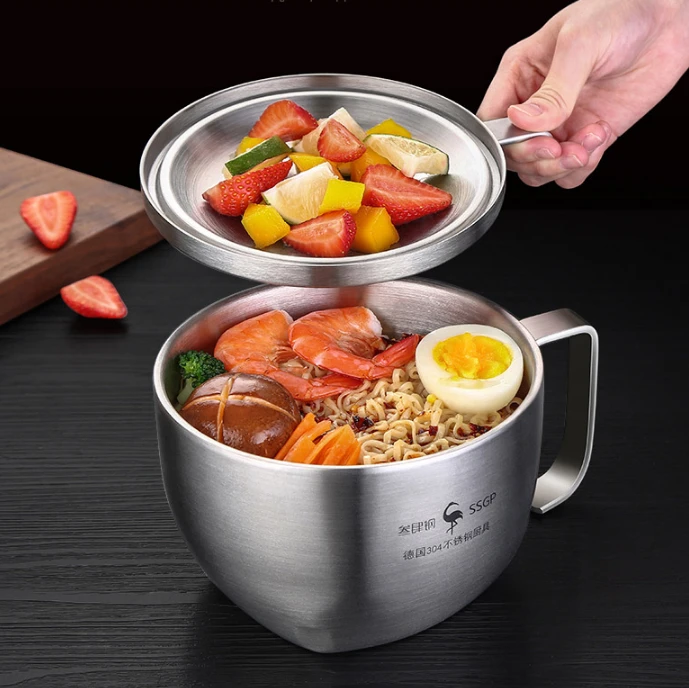 SSGP Portable Stainless Steel Round Bento Box Rice Instant Noodle Bowls  With Lid & Handle