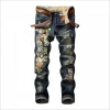 stock wholesale 4 styles options motor & biker cotton stretch narrow cuff slim damaged ripped embroidery men jeans patch