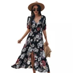 Summer Womens 2021 V-neck flower print button Elastic waistband short sleeved casual dress