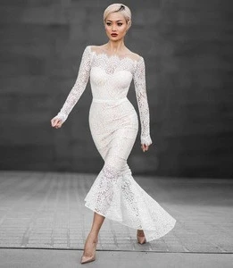 Supply Ladies Fashion Lace Dresses Irregular Tailing Long Sleeve White Lace Bridesmaid Dresses