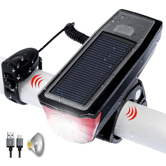 USB and Solar Power Bank Bicycle Speaker Front LED Headlight Bell Horn Solar bike front light