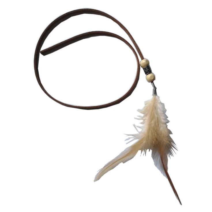 Wholesale Korean version of the wild rope wooden beads feather tassel ladies headdress thin belt thin belt clothing accessories