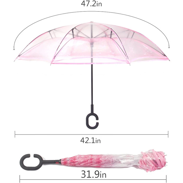 Windproof Double Layer Big Straight Transparent Inverted Cars Reverse Umbrella with C-Shaped Handle