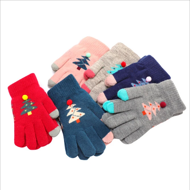 Winter Touch Screen Gloves  Kids Knit Mittens Wool Full Finger  children thick X-MAS christmas tree gloves