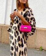 Women casual leopard print v-neck collar dress worsted polyester evening dresses