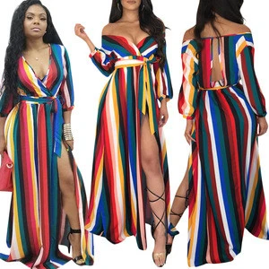 Women Maxi Long Floor Length Casual Dress Female 2019 Summer FULL Sleeve Striped High Street Loose Party Dresses