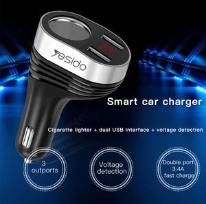 Yesido Universal 3.4A Dual Usb Car Charger With Cigarette Hole