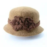 **Handmade Beige Wool Felt Hat with Brown Floral Decoration for Women**