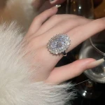Vintage Royal Oval CZ Halo Open Ring Luxury Full Paved Cubic Zirconia Adjustable Women Finger Jewelry