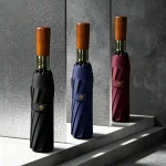 23 Inch 10‑Rib Automatic Folding Umbrella, Wood Handle, Vinyl Fabric, UV Protection Rain‑Sun Dual‑Use Umbrella