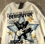 Women's Cat Guitar Print T-Shirt, Casual Loose Fit Short Sleeve Tee, Vintage Star Graphic Summer Top