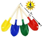 16.5" Wooden Mini Sand Shovels for Kids with Plastic Spade (Red, Blue, Green & Yellow) Complete Gift Set Party Bundle - 4 Pack